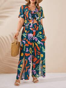 RueChic VCAY Plus Geometric Print Ruffle Trim Top & Wide Leg Elastic Belted Pants - Multicolor - View 5