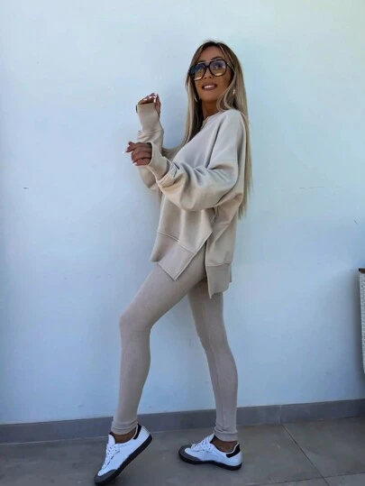 INAWLY Women's Solid Color Round Neck Drop Shoulder Long Sleeve Cardigan, Versatile 2 Pieces Set