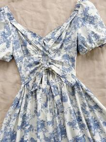 Soleia Robe à manches bouffantes plissées rétro à fleurs multi-couleurs avec décolleté en cœur, taille cintrée, en ligne A, pour les vacances décontractées et romantiques des femmes - Multicolore - Voir 4