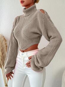 EURMUSE Turtleneck Drop Shoulder Crop Sweater - Beige - View 4