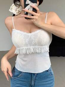 DAZY 女士純色荷葉邊蕾絲拼接背心上衣