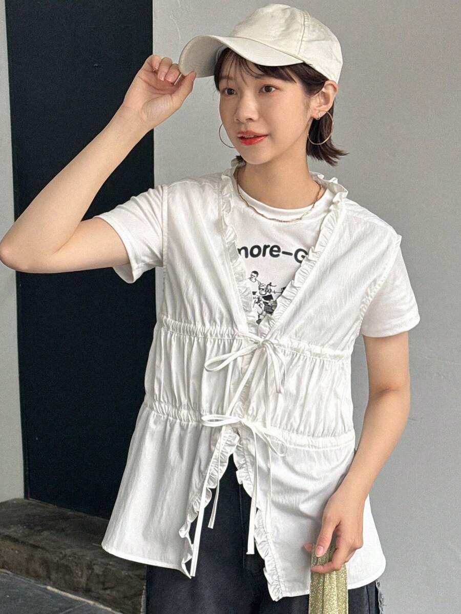 FRIFUL Áo cánh buộc trước tay ngắn đơn giản hàng ngày màu trơn cho nữ, xếp nếp - trắng - Xem 1