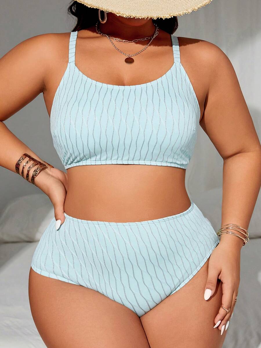SHEIN Swim Curve 大尺碼夏季海灘閃爍波浪圖案藍色比基尼套裝 - 藍色 - 查看 1