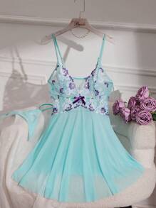 Embroidered Women's Sexy Sleep Lingerie Dress + Thong Panties 2pcs/Set