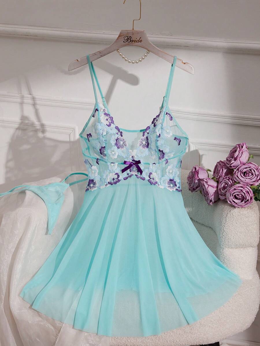 Embroidered Women's Sexy Sleep Lingerie Dress + Thong Panties 2pcs/Set