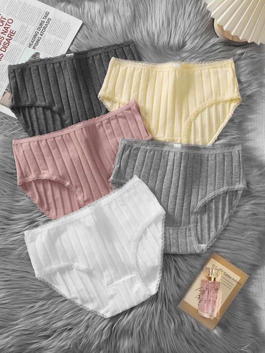 SHEIN 5pcs Pack Simple Style Antibacterial Knitted Breathable Lace Trimmed Triangle Panties For Tween Girls - Multicolor - View 1