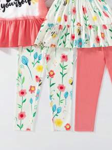 SHEIN Young Girl Toddler 2pcs Set, Short Sleeve Top With Letter, Floral, And Butterfly Print, And Leggings - Multicolor - View 4
