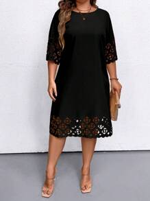 Plus Size Round Neck Hollow Out Solid Color Casual Summer Dress - Black - View 3