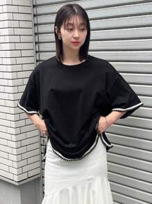 FRIFUL Women's Summer Loose Round Neck T-Shirt With Wide Sleeves And Cuff Splice Design