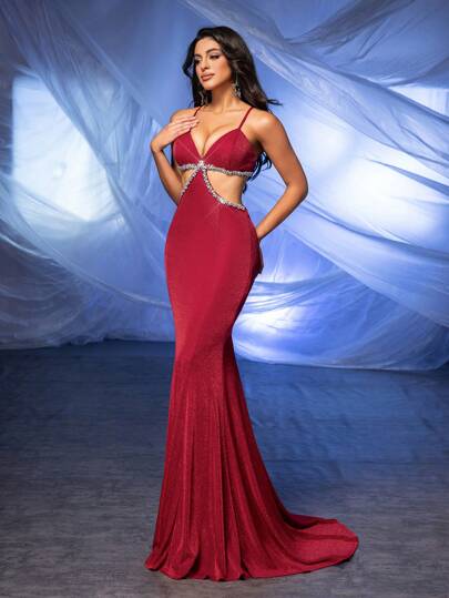 Glamrae Elegant And Sexy Burgundy Fine Glitter Knitted Shoulder Straps, V-Neck, Gorgeous Rhinestones, Hollowed Out High Waist On Both Sides, Slim Fit, Fishtail Back Panel, Cross Straps, Hollow Slim Fit Fishtail Floor-Length Dress, Concert, Graduation Season, Homecoming Season, Wedding Event, Heavy Industry Dinner Ball Dress