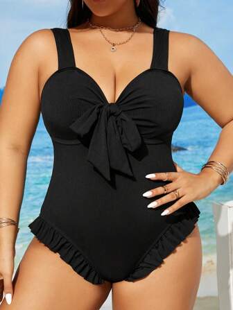Swim Lushoire Plus Size Women's Solid Color Simple Daily One-Piece Swimsuit Summer