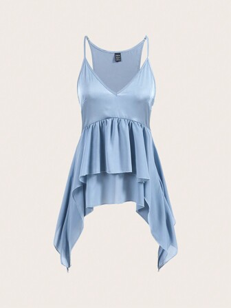 SHEINNeu Women's Summer Fashion Solid Color Asymmetrical Hem Ruffle Trim Camisole Top