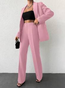 EURMUSE Women's Casual Solid Color Suit Set Including Jacket And Pants - Baby Pink - View 1