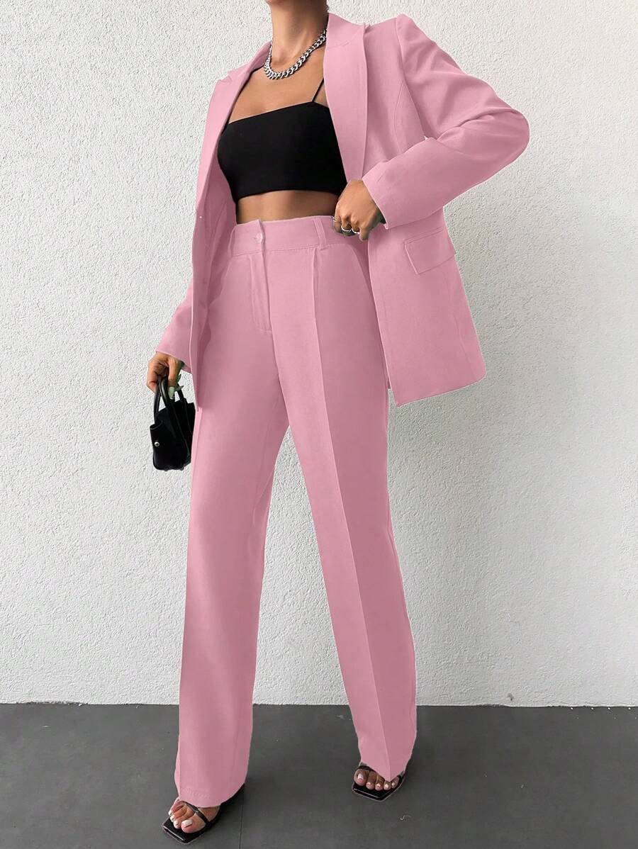 EURMUSE Women's Casual Solid Color Suit Set Including Jacket And Pants - Baby Pink - View 1