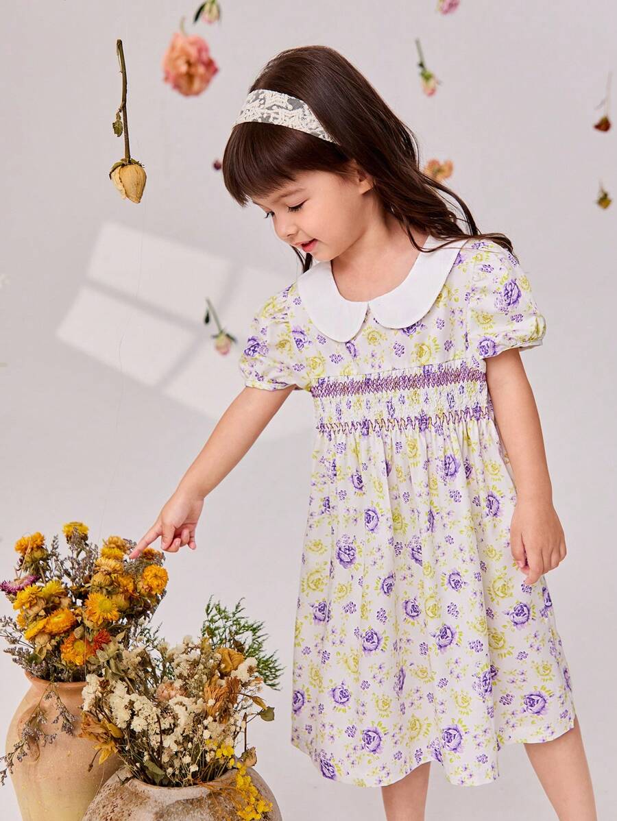 SHEIN Young Girls' Puff Sleeves Floral Print Dress With Detailing, Suitable For  And Elegant Occasions