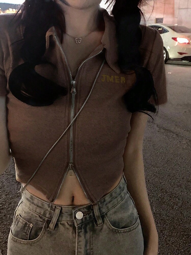 夏季修身领短袖纯色休闲 T 恤女款，修身百搭，双拉链短款上衣 - 咖啡棕 - 查看 6