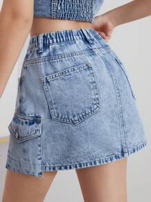 SHEIN Tween Girls' Casual Blue Denim Mid-Length Skirt