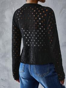 SHEIN Essnce Suéter de punto casual de mujer con cordones, lazo y manga larga transparente, chaqueta delgada de manga larga con cuello y lazo, calada - Negro - Ver 2