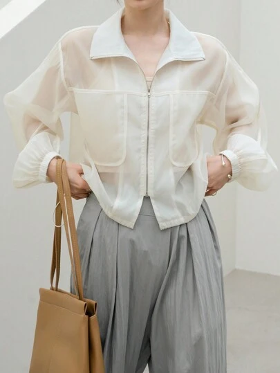 Dazy-Less 落肩拉链前抽绳腰部衬衫商务休闲女士工作服长袖上衣
