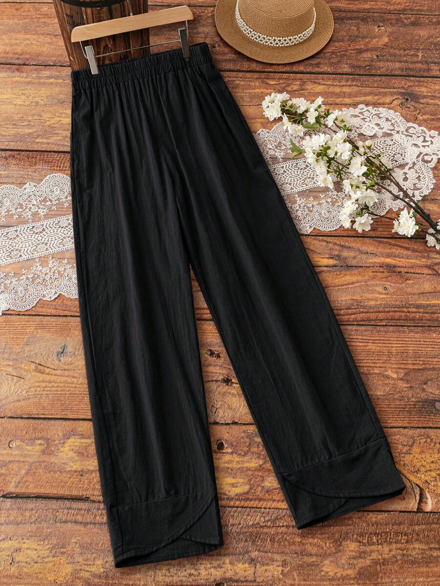 Plus Size Solid Color Vacation Casual Straight-Leg Pants - Black - View 1
