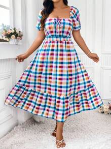 SHEIN Clasi Váy cổ vuông kẻ caro in họa tiết cỡ lớn có dây buộc eo, hoàn hảo cho trang phục Maxi dành cho phụ nữ đi nghỉ hè - Nhiều màu - Xem 3