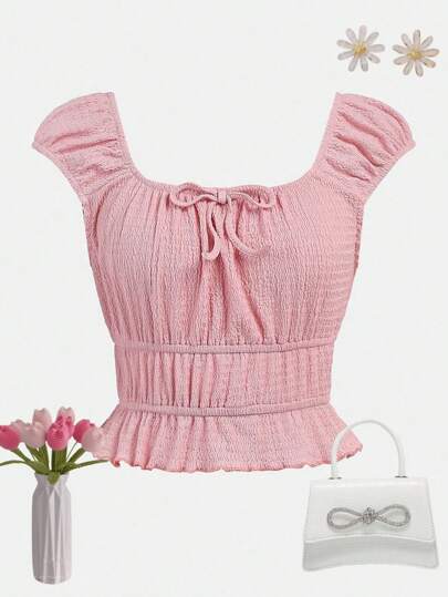SHEIN Teen Girl Knitted Solid Color Jacquard Square Neck Casual Short Sleeve T-Shirt