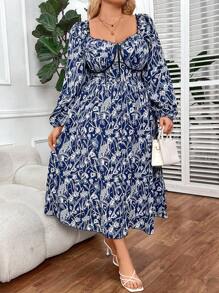 SHEIN CURVE+ 大尺碼女裝時尚印花長袖連衣裙 - 藍色 - 查看 3