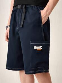 Manfinity VCAY 编织时尚年轻休闲松紧腰短裤，日常穿着。男士工装裤宽松裤男士夏装 - 藏蓝色 - 查看 4