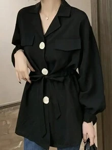 Camisa Feminina de Manga Longa com Colarinho de Terno, Cor Liso, com Botão e Cinto de Cintura