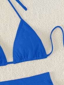 SHEIN Swim 女款夏季海灘純色掛脖比基尼套裝,簡約風格,適合度假休閒 - 寶藍色 - 查看 3
