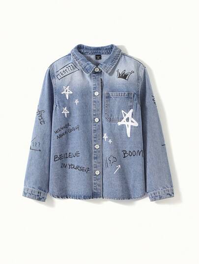 Handsome Boy Printed Casual Denim Jacket With Unique Color Fading