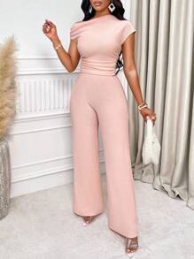 SOLERSUN Solid Color Asymmetrical Neckline Ruched Slim Fit T-Shirt & Wide Leg Pants - Pink - View 5