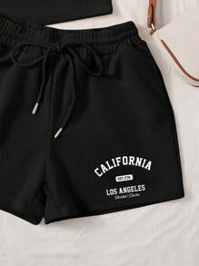 SHEIN EZwear 2 件女式夏季休闲“加利福尼亚洛杉矶”印花黑色修身背心和抽绳短裤套装 - 黑色 - 查看 4