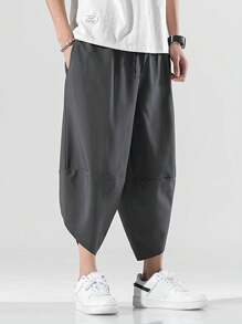 Manfinity EZcore 男士仿亚麻冰丝七分裤，秋季适用 - 深灰色 - 查看 3