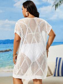 SHEIN Swim Curve Cộng với kích thước áo khoác kimono ngắn thêu tuyệt đối màu trơn cho mùa hè - trắng - Xem 2