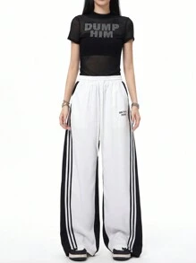 SHEIN Coolane 女士街头运动休闲装 返校运动装 休闲撞色条纹纹理装饰系带裤 - 黑與白 - 查看 3