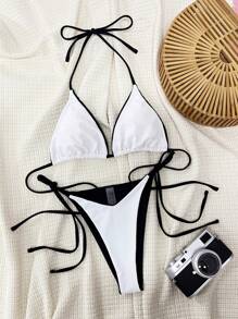 Swim SXY Ladies' Summer Beach Color Block Halter Neck Tie Bikini Set, Double-Sided Fabric - White - View 4