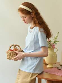 Simple Retro Camiseta informal de cuello redondo personalizada con parche bordado para mujeres - Azul - View 5