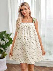 SHEIN 孕妇休闲花卉拼布吊带连衣裙 - 杏色 - 查看 4