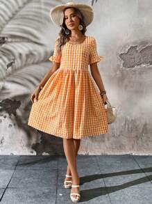 SHEIN LUNE Summer Fashionable & Casual Comfortable Loose-Fit Orange Plaid Women's Dress