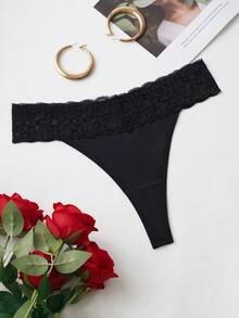 Quần ren tương phản màu trơn dành cho nữ, 1 cái - màu đen - Xem 3