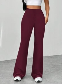 Flirla Celana Panjang Model Mengembang dengan Tekstur Motif Houndstooth Hitam Putih - Burgundy - View 4