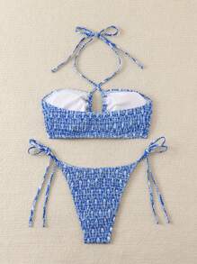 SHEIN Swim 1set Women's Vacation Beach Halter Bikini Set (Random Print) For Summer - Blue - View 8