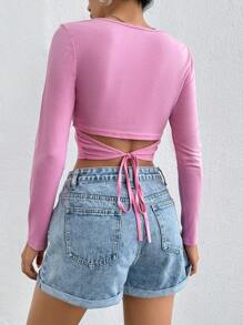 SHEIN PETITE Solid Cut Out Tie Back Crop Tee - Pink - View 1
