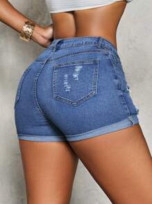 Slaydiva Shorts de mezclilla ajustados con bolsillo y botón para mujer, unicolor y con efecto desgastado - Lavado ligero - Ver 2
