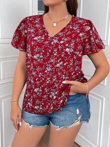 SHEIN LUNE Áo sơ mi Plus Size Xù Tất cả trên in Họa tiết hoa Giải trí - Đỏ - Xem 5