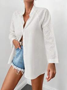 EURMUSE Eyelet Embroidery Raglan Sleeve Button Front Shirt - Beige - View 3