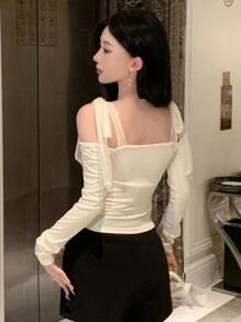 Dazy Designer 女士露肩长袖T恤，新年夜，露肩上衣，秋季女装外出上衣 - 白色 - 查看 5