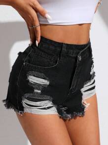 SHEIN PETITE Women's Asymmetrical Frayed Edge Fashion Denim Shorts, Summer
