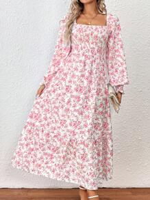 EMERY ROSE 春季休闲度假长款花卉印花方形领口连衣裙，带有碎花图案，适合新年衣服长款女装 - 紅色 - 查看 5